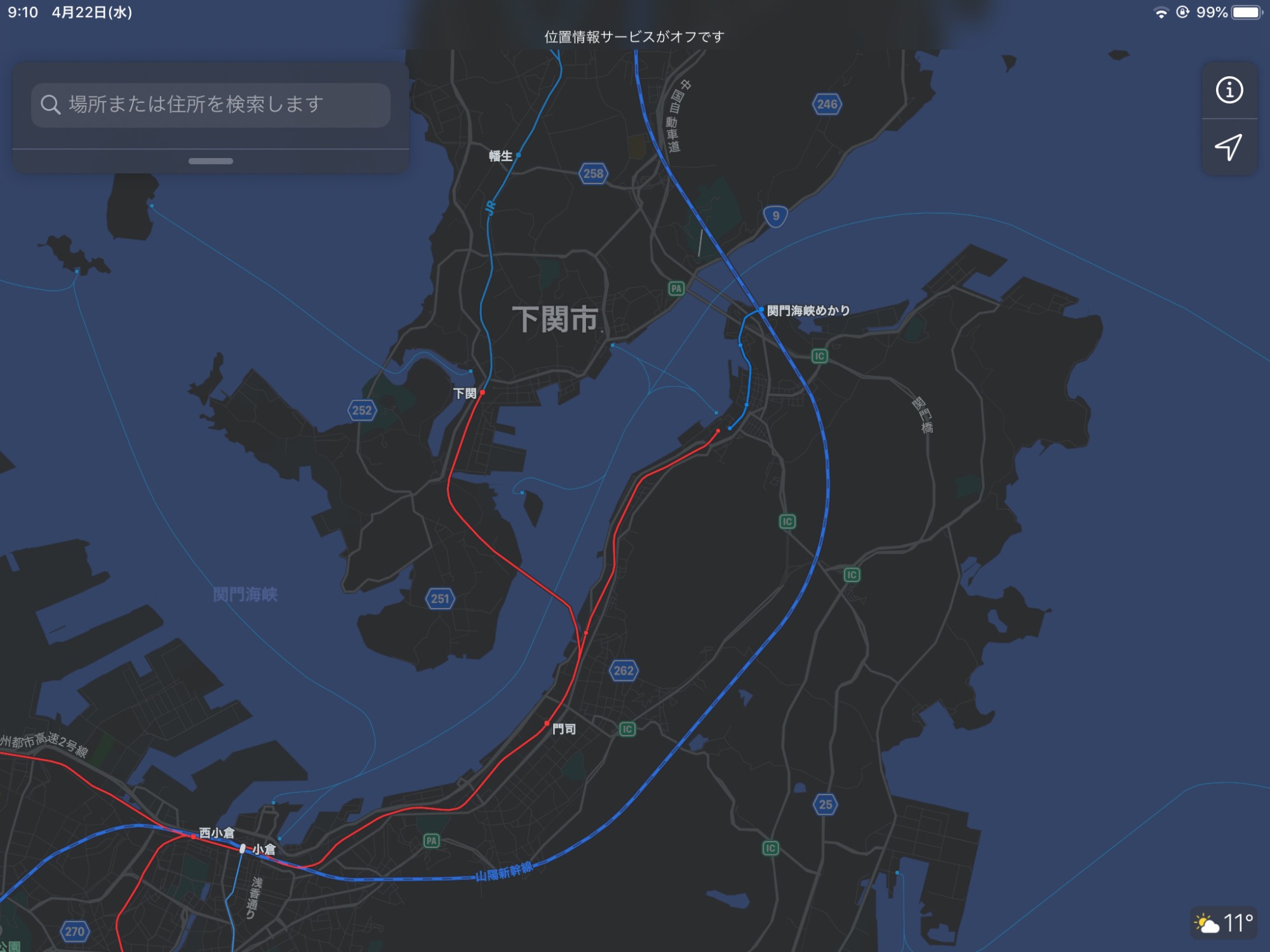 門司、小倉、下関付近の地図